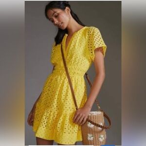 Anthropologie Eyelet Mini Dress Yellow XS